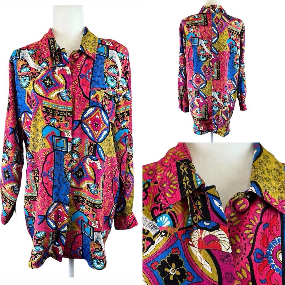 Vtg. Retro Psychedelic Disco Geometric Multi Loud Art To Wear Button Up Tunic L